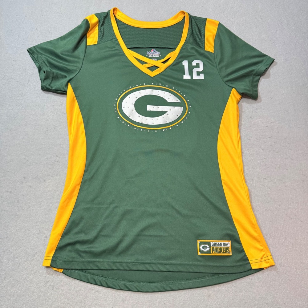 Green Bay Packers Womens Majestic Fan Fashion Rhinestone Logo V Neck T Shirt L G